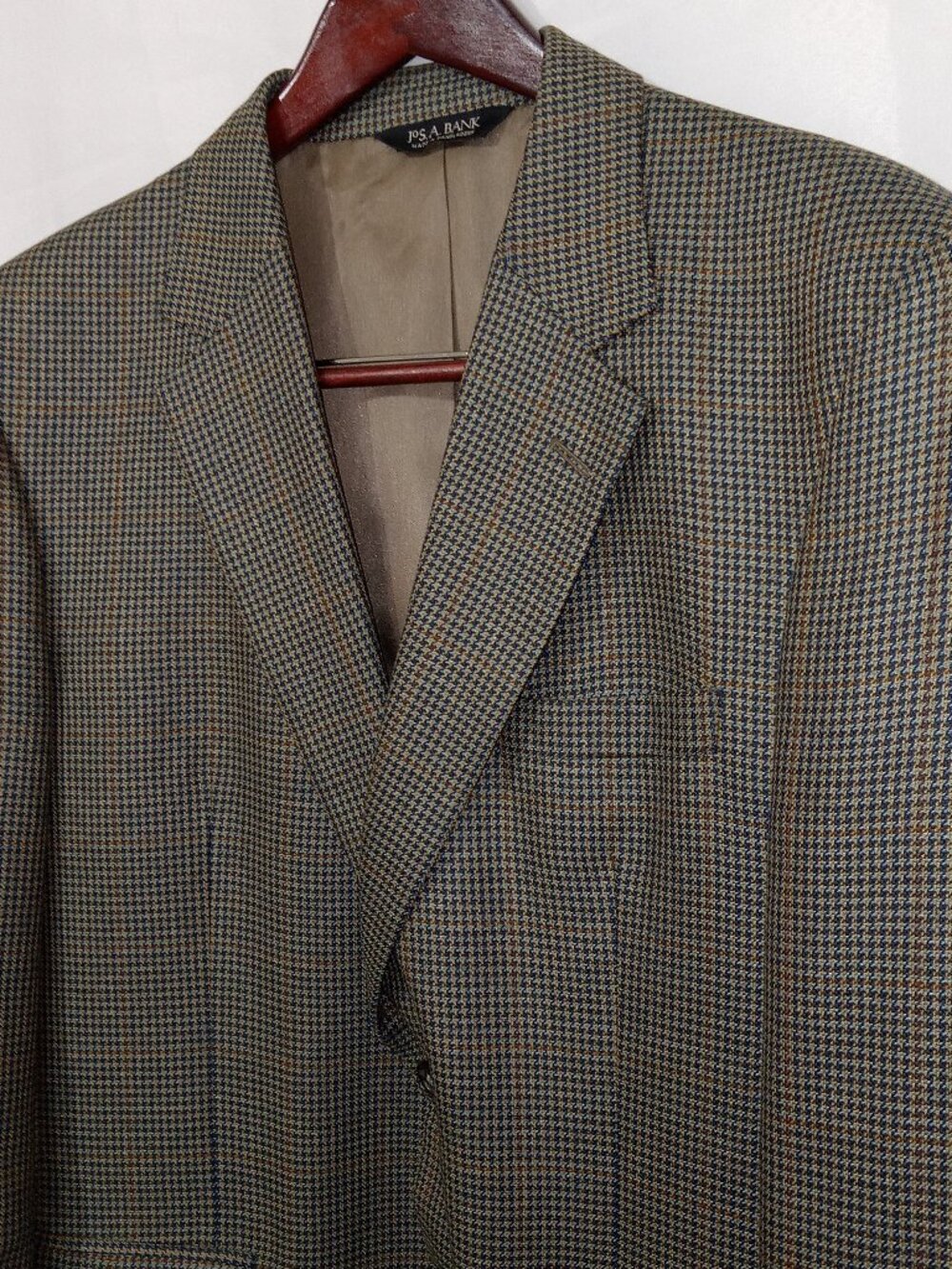 Jos A Bank Silk Wool Blazer 42R Brown Blue Gold Houndstooth Sport Coat Luxury